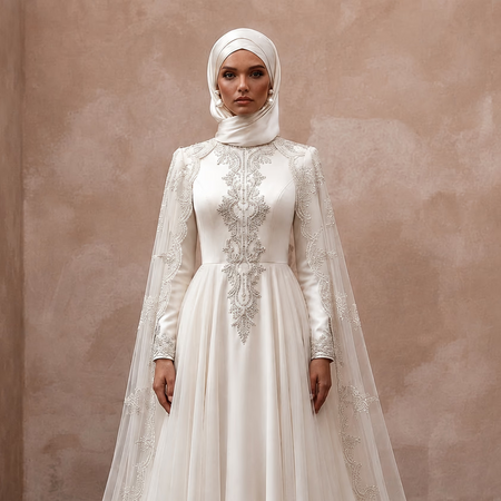 Modest Muslim Wedding Gown with Cape and Long Sleeves