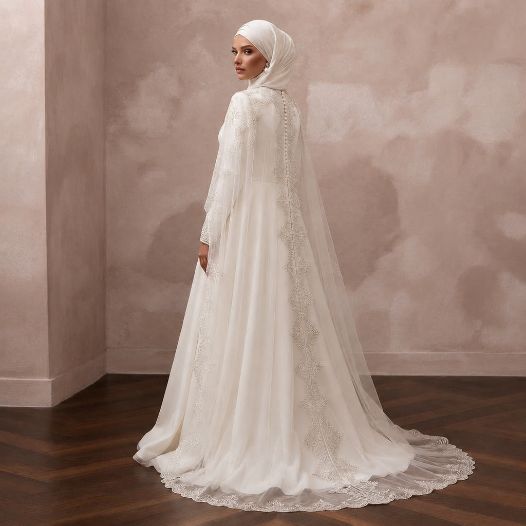 Modest Muslim Wedding Gown with Cape and Long Sleeves