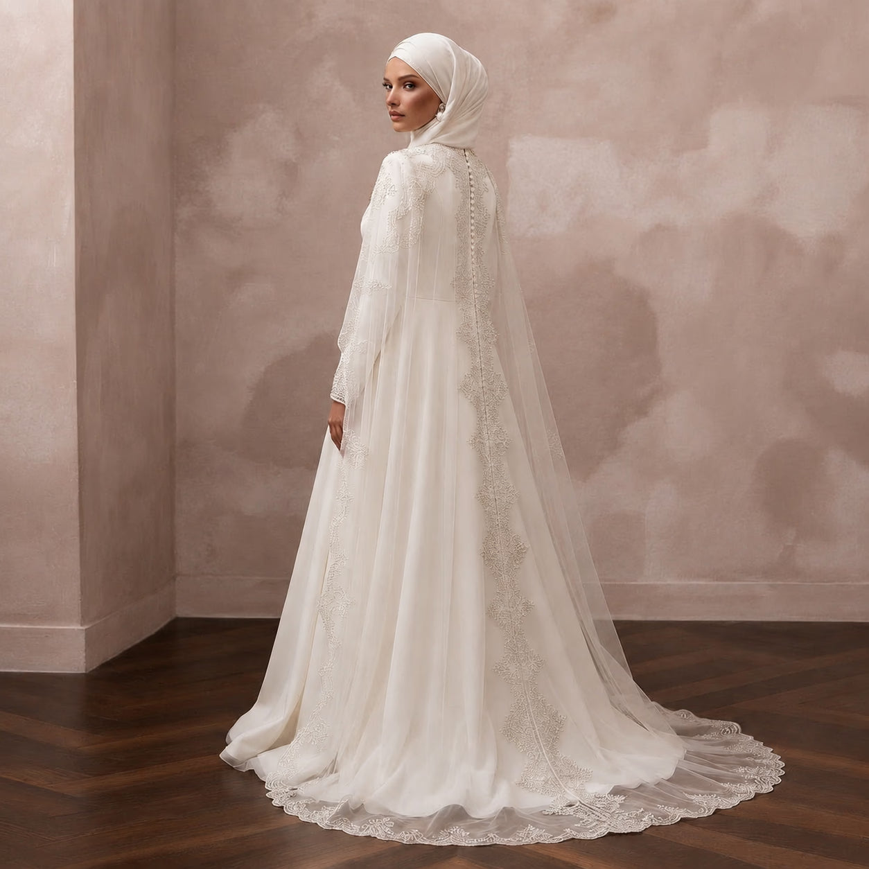 Modest Muslim Wedding Gown with Cape and Long Sleeves