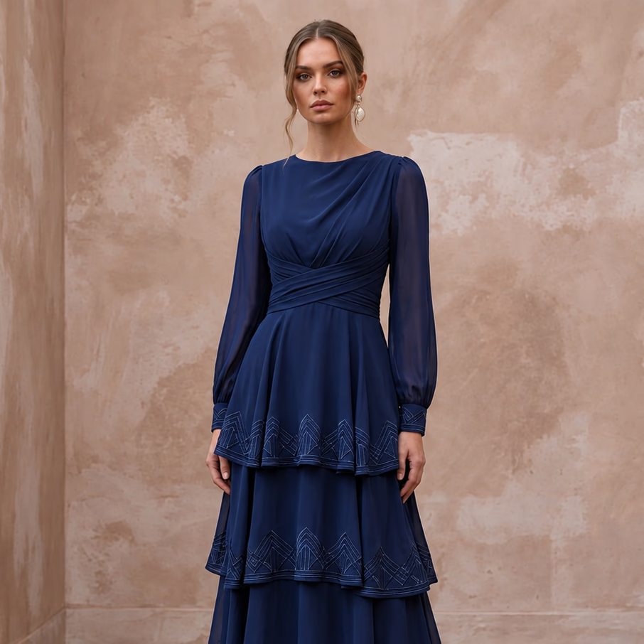 Modest Navy Blue Chiffon Long Sleeve Tiered Maxi Formal Dress