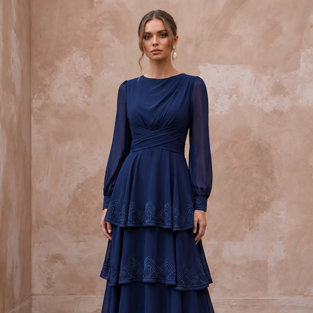 Modest Navy Blue Chiffon Long Sleeve Tiered Maxi Formal Dress