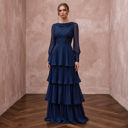 Modest Navy Blue Chiffon Long Sleeve Tiered Maxi Formal Dress