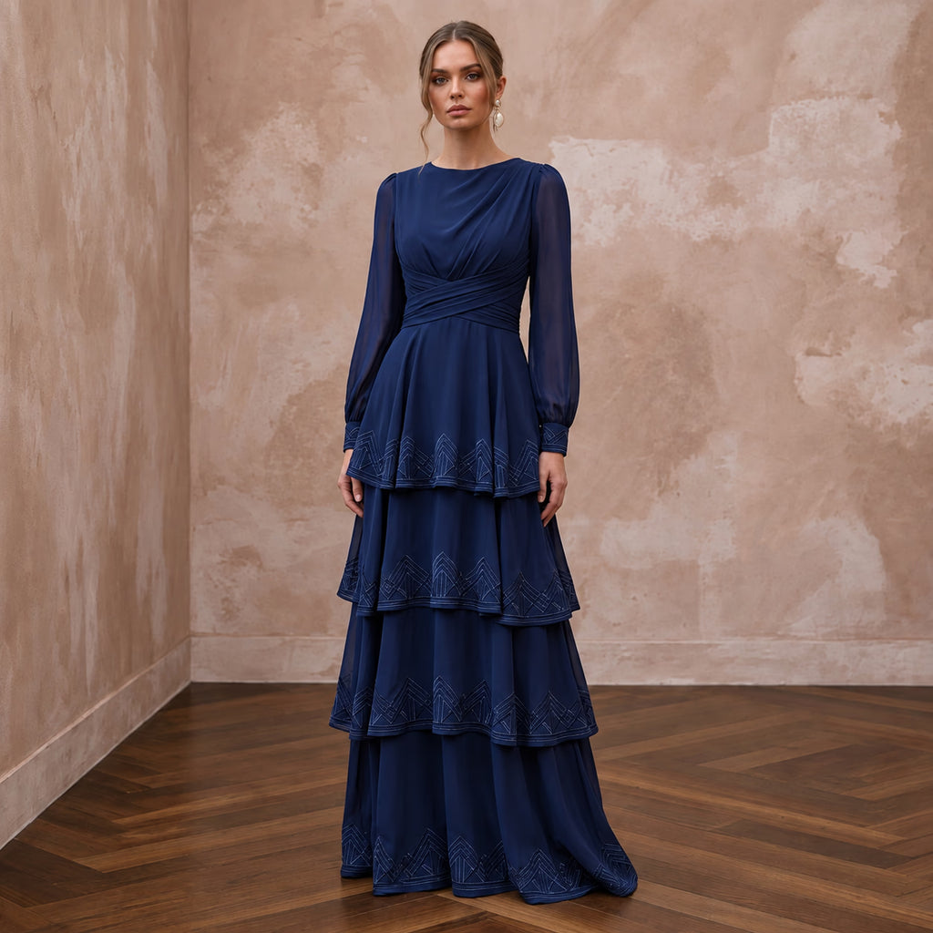 Modest Navy Blue Chiffon Long Sleeve Tiered Maxi Formal Dress