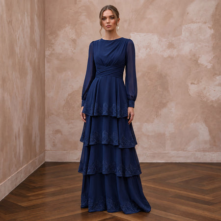 Modest Navy Blue Chiffon Long Sleeve Tiered Maxi Formal Dress