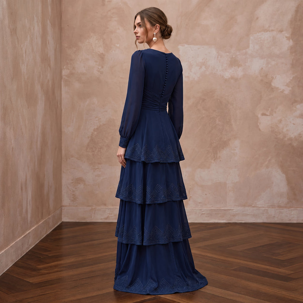 Modest Navy Blue Chiffon Long Sleeve Tiered Maxi Formal Dress