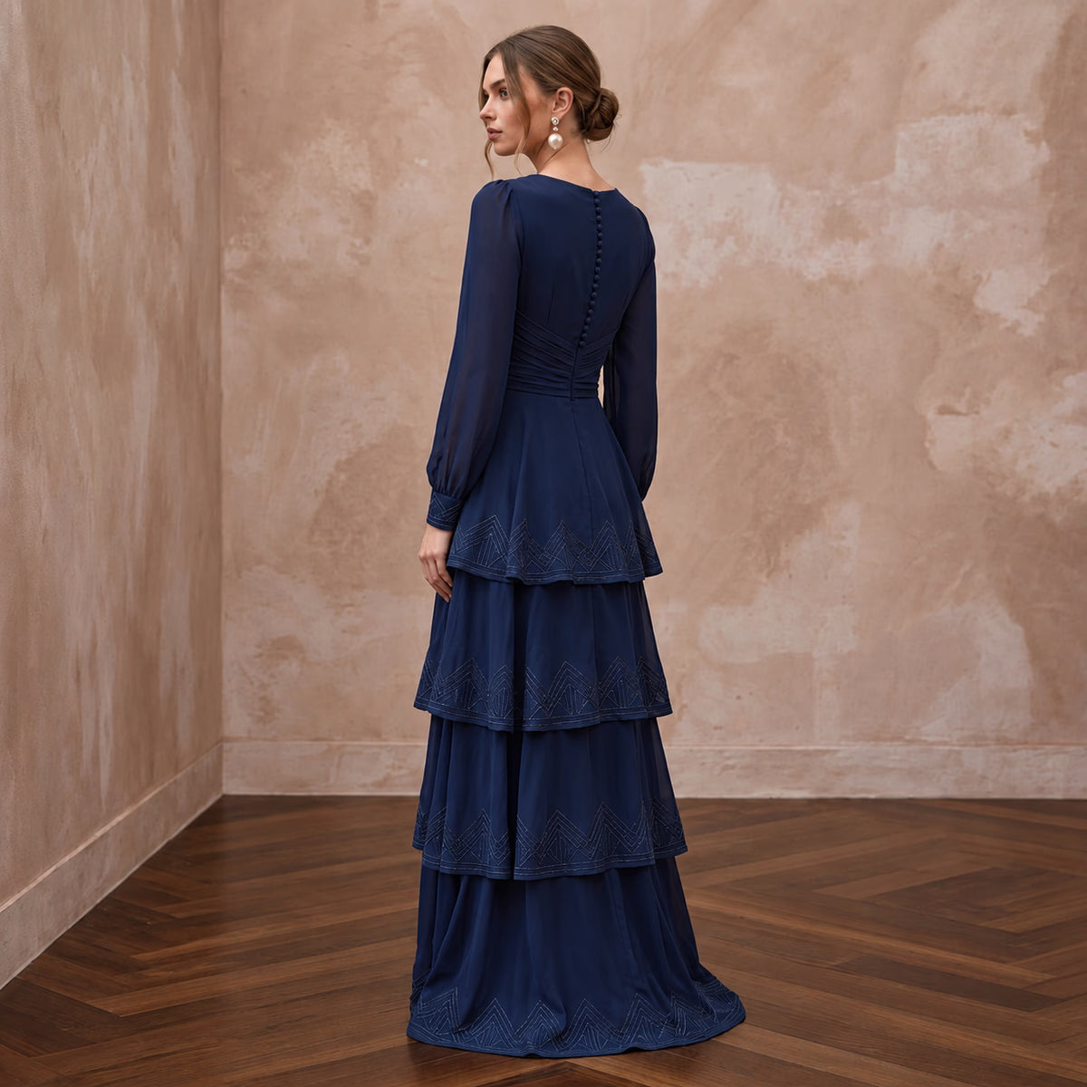 Modest Navy Blue Chiffon Long Sleeve Tiered Maxi Formal Dress