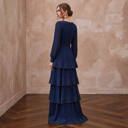 Modest Navy Blue Chiffon Long Sleeve Tiered Maxi Formal Dress