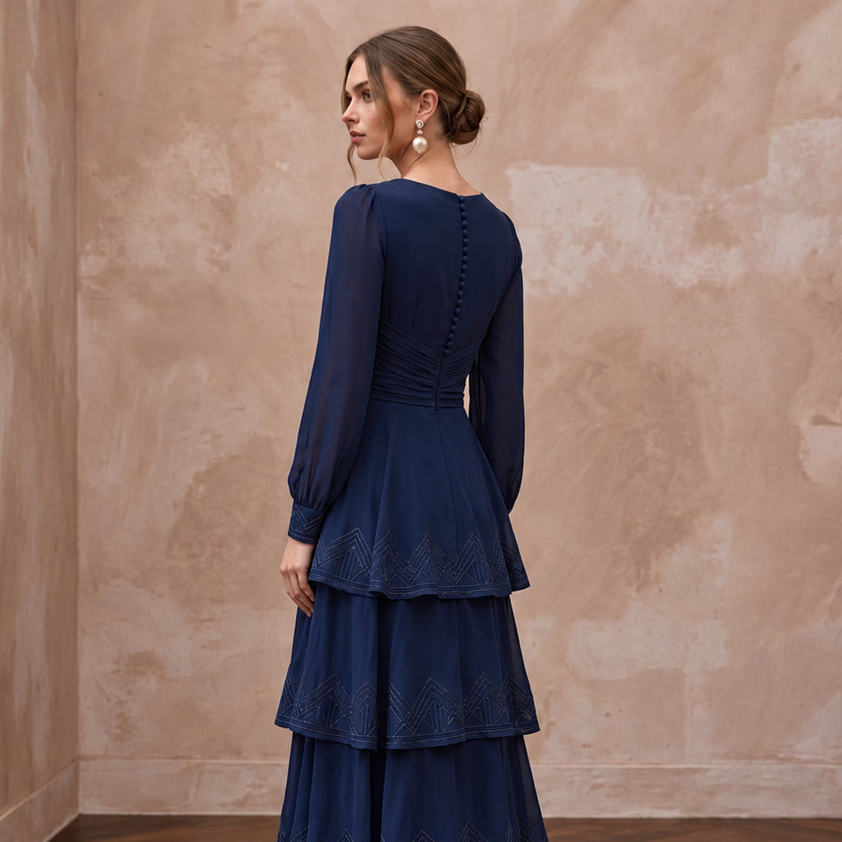 Modest Navy Blue Chiffon Long Sleeve Tiered Maxi Formal Dress