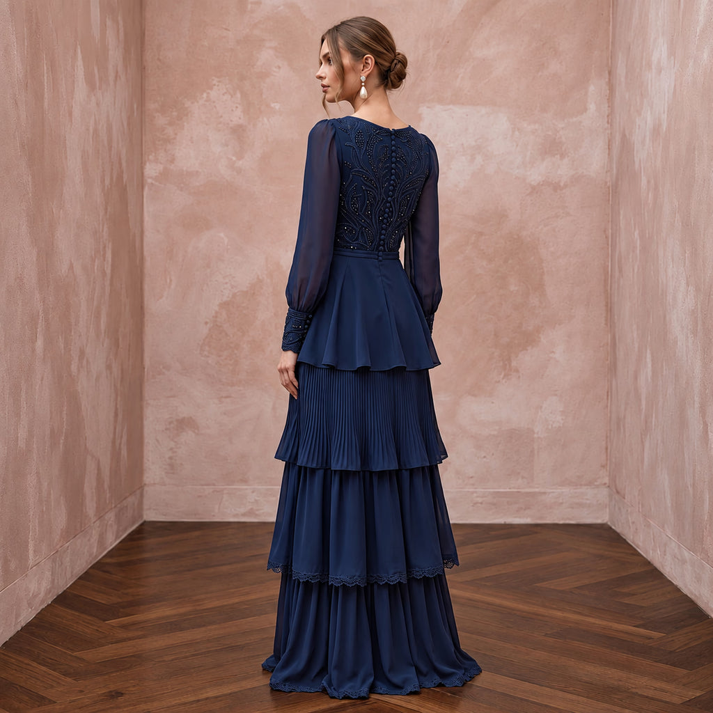 Modest Navy Blue Chiffon Long Sleeve Tiered Maxi Formal Dress