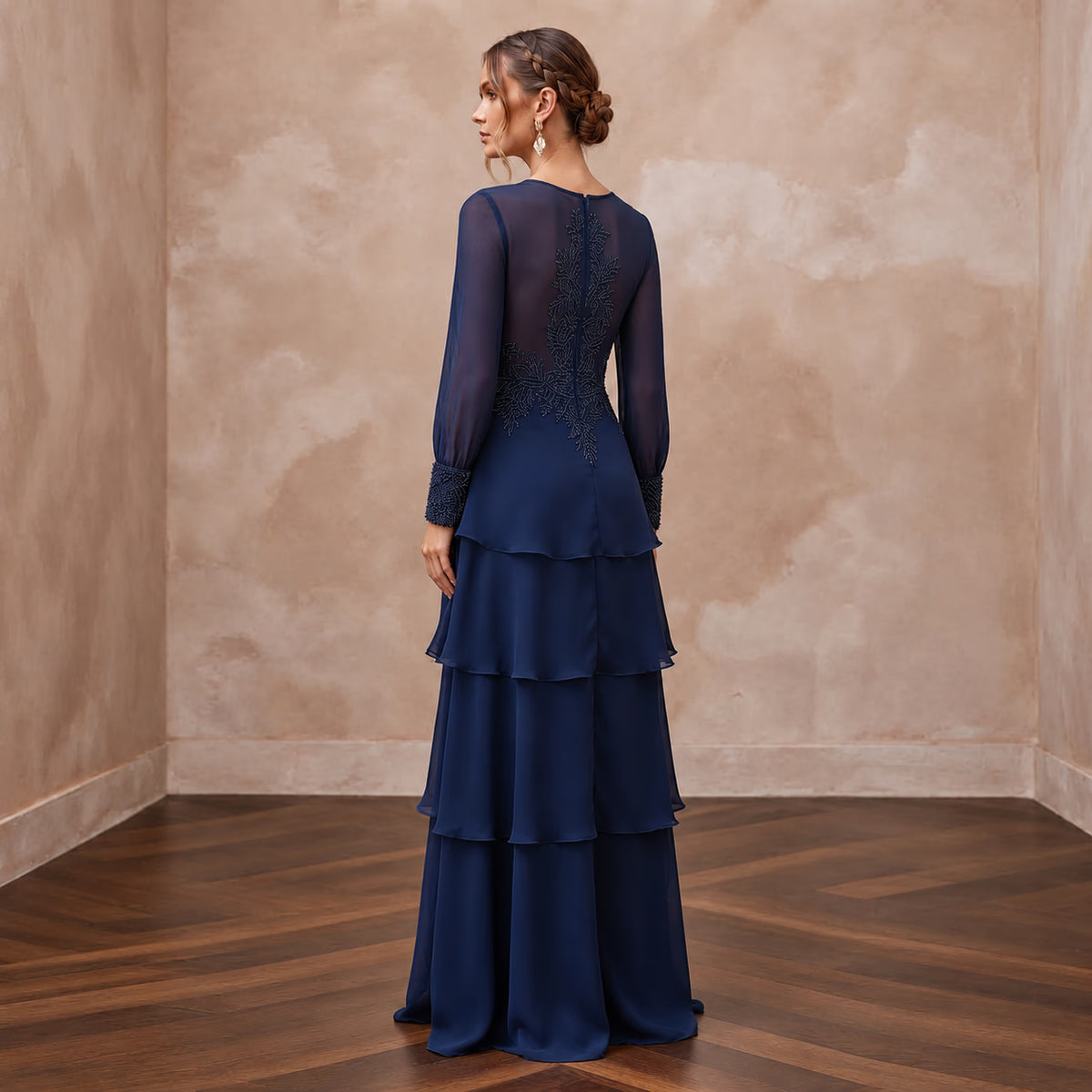 Modest Navy Blue Chiffon Long Sleeve Tiered Maxi Formal Dress