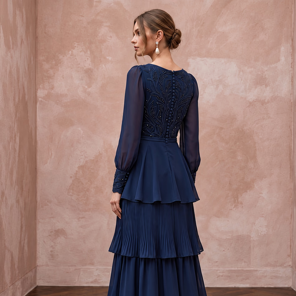 Modest Navy Blue Chiffon Long Sleeve Tiered Maxi Formal Dress