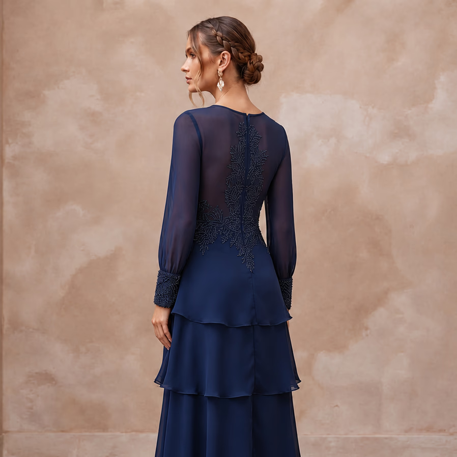 Modest Navy Blue Chiffon Long Sleeve Tiered Maxi Formal Dress
