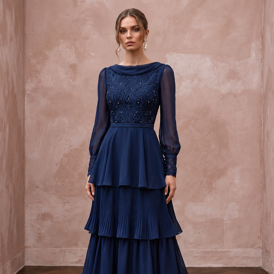 Modest Navy Blue Chiffon Long Sleeve Tiered Maxi Formal Dress