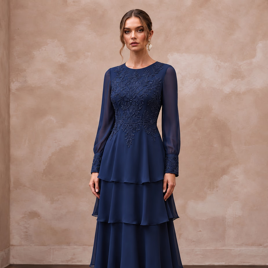 Modest Navy Blue Chiffon Long Sleeve Tiered Maxi Formal Dress