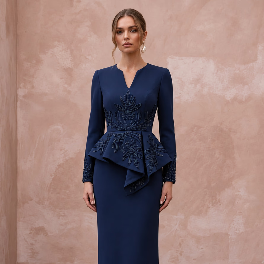 Modest Navy Blue Crepe Long Sleeve Peplum Evening Dress