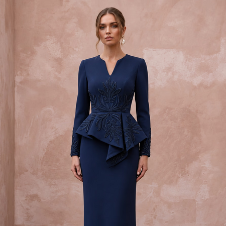 Modest Navy Blue Crepe Long Sleeve Peplum Evening Dress