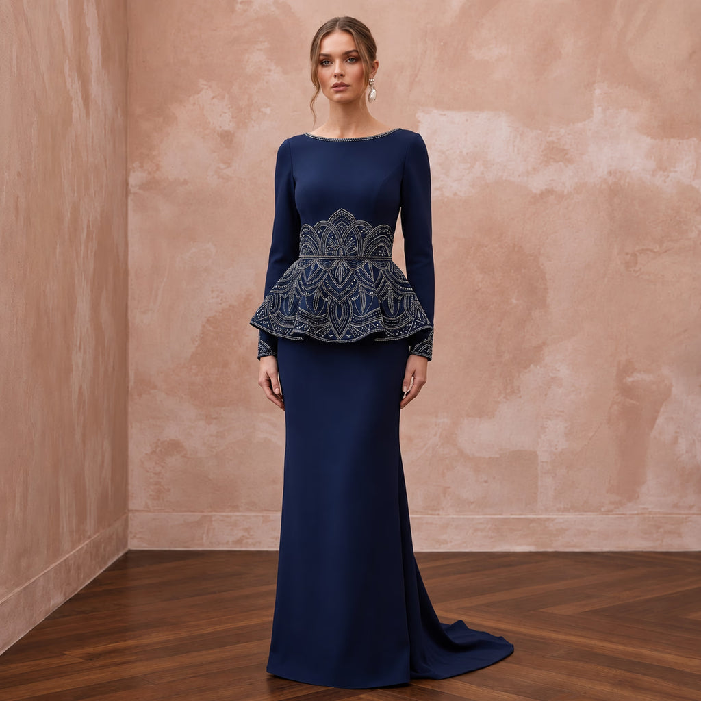 Modest Navy Blue Crepe Long Sleeve Peplum Evening Dress