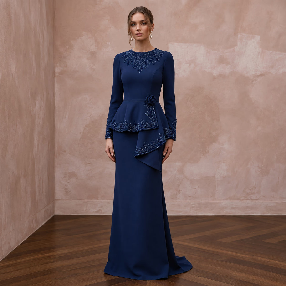 Modest Navy Blue Crepe Long Sleeve Peplum Evening Dress