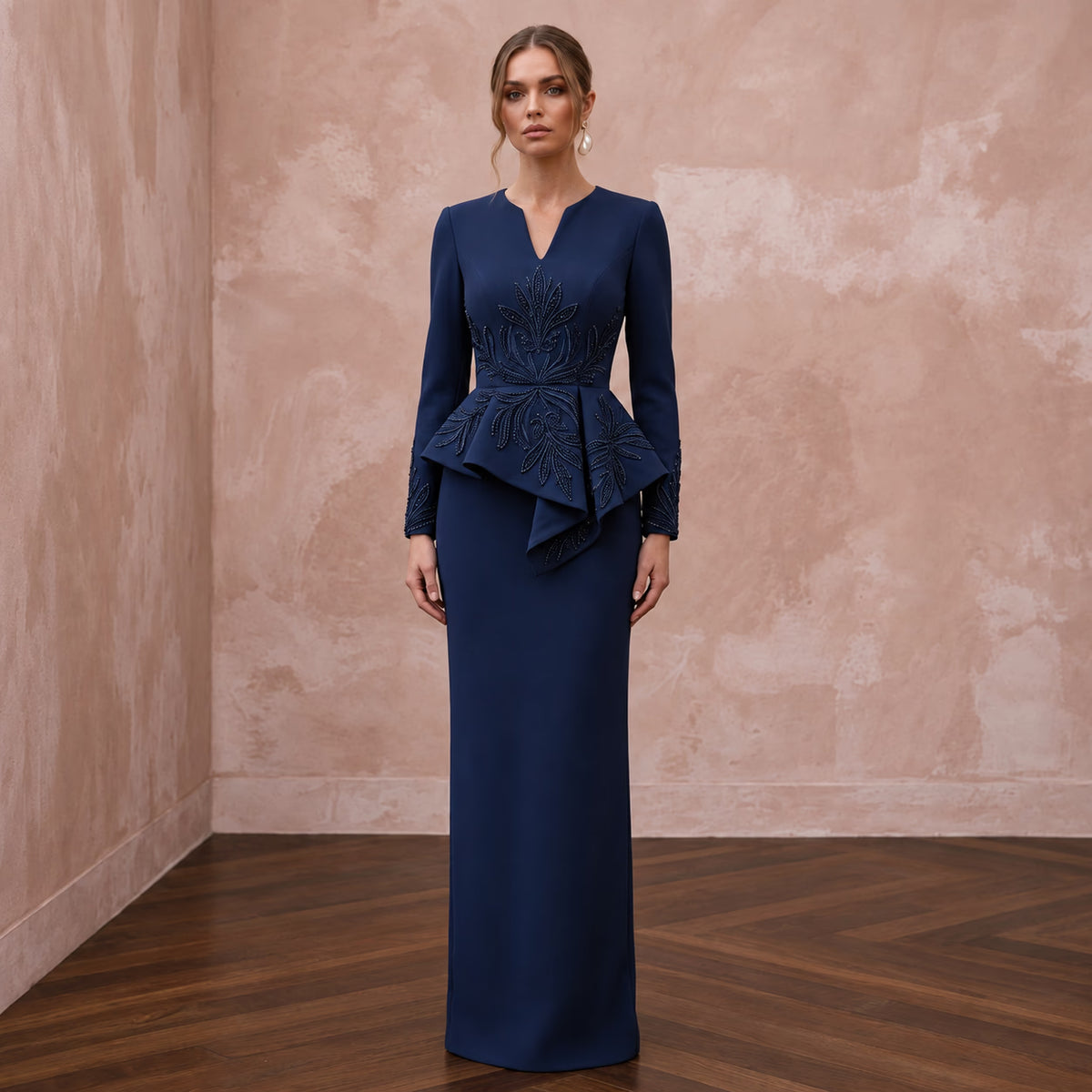 Modest Navy Blue Crepe Long Sleeve Peplum Evening Dress