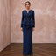 Modest Navy Blue Crepe Long Sleeve Peplum Evening Dress
