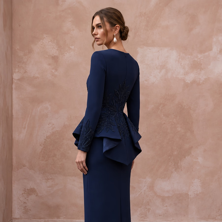 Modest Navy Blue Crepe Long Sleeve Peplum Evening Dress