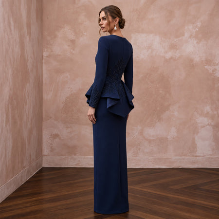 Modest Navy Blue Crepe Long Sleeve Peplum Evening Dress