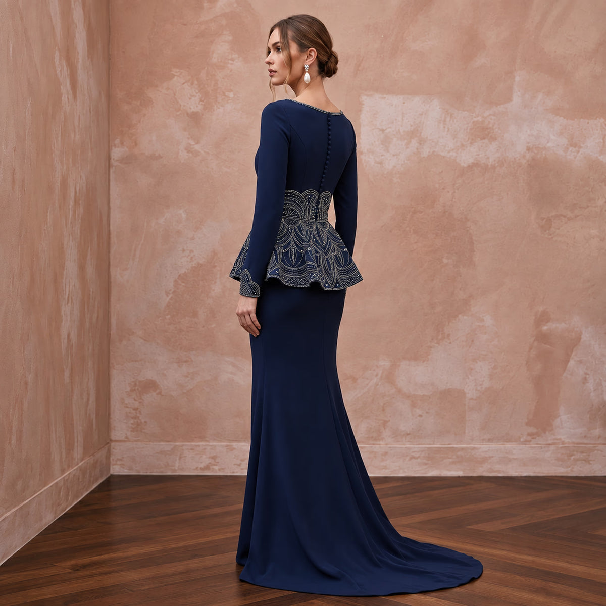 Modest Navy Blue Crepe Long Sleeve Peplum Evening Dress