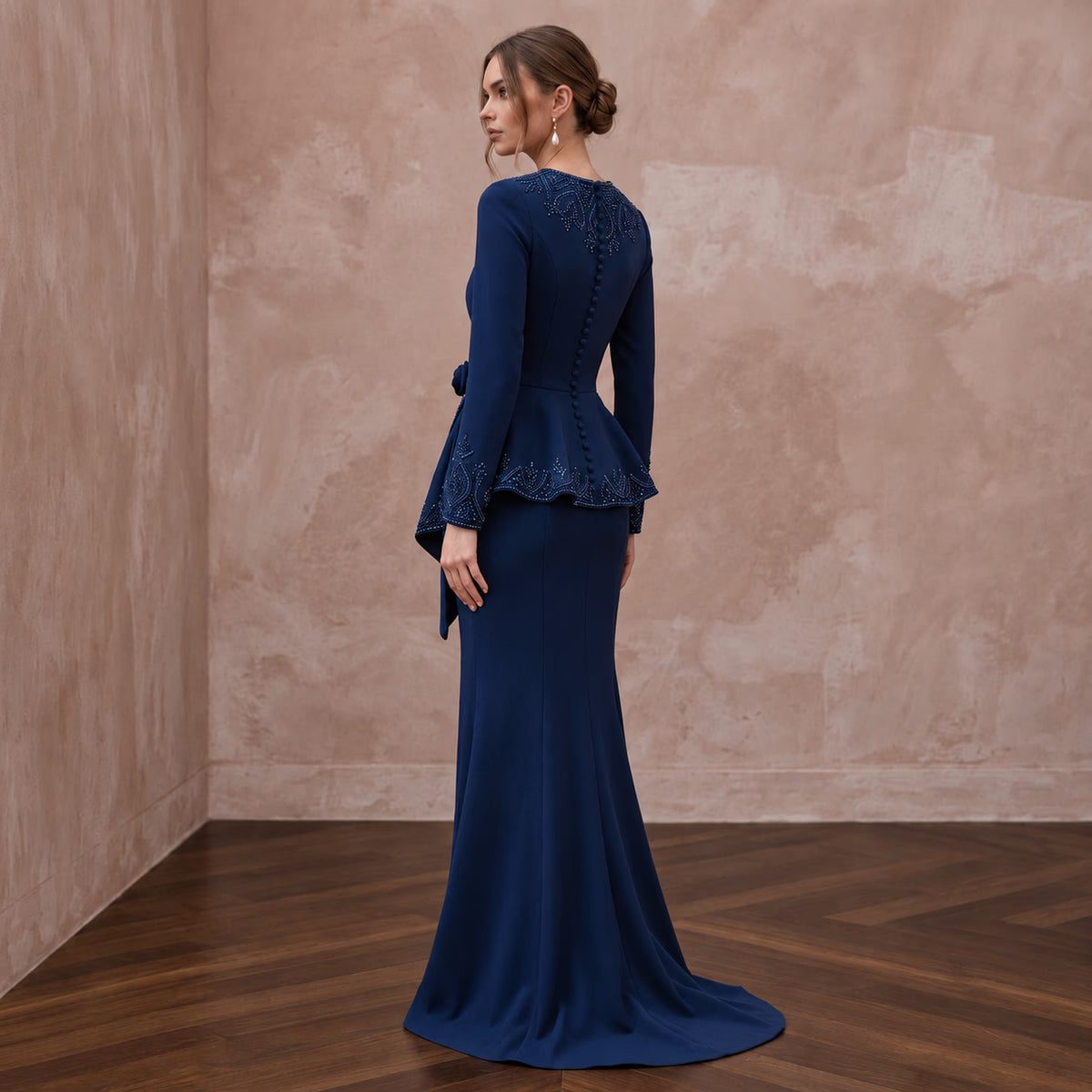 Modest Navy Blue Crepe Long Sleeve Peplum Evening Dress