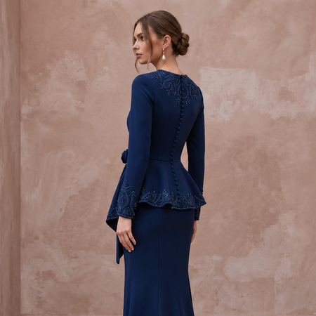Modest Navy Blue Crepe Long Sleeve Peplum Evening Dress