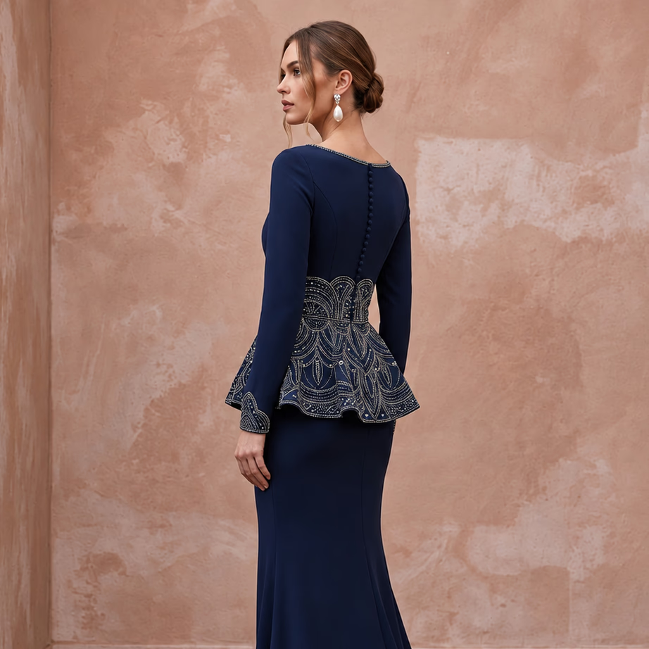 Modest Navy Blue Crepe Long Sleeve Peplum Evening Dress