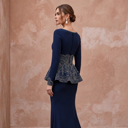 Modest Navy Blue Crepe Long Sleeve Peplum Evening Dress