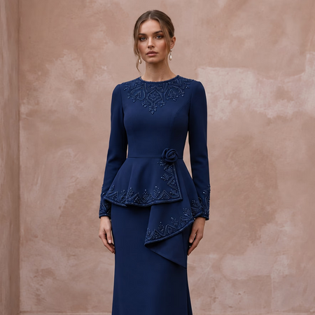 Modest Navy Blue Crepe Long Sleeve Peplum Evening Dress
