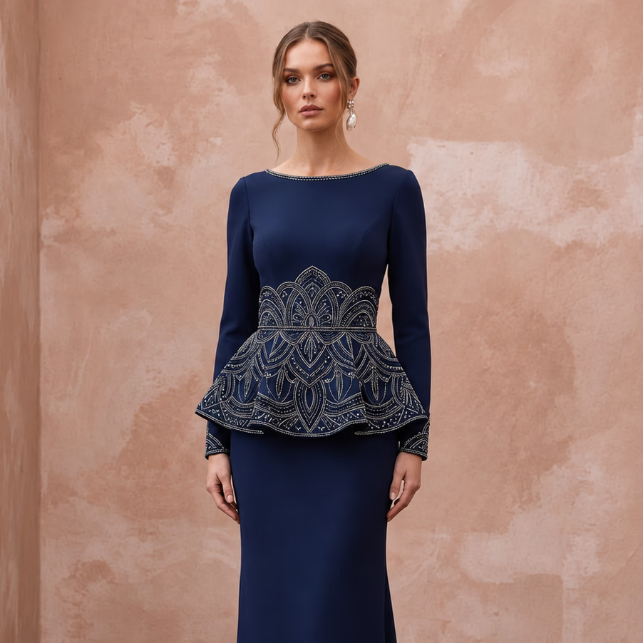 Modest Navy Blue Crepe Long Sleeve Peplum Evening Dress