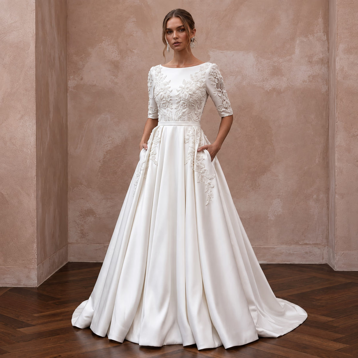 Modest Pearl White Mikado A-Line Bridal Dress with Pockets Main image