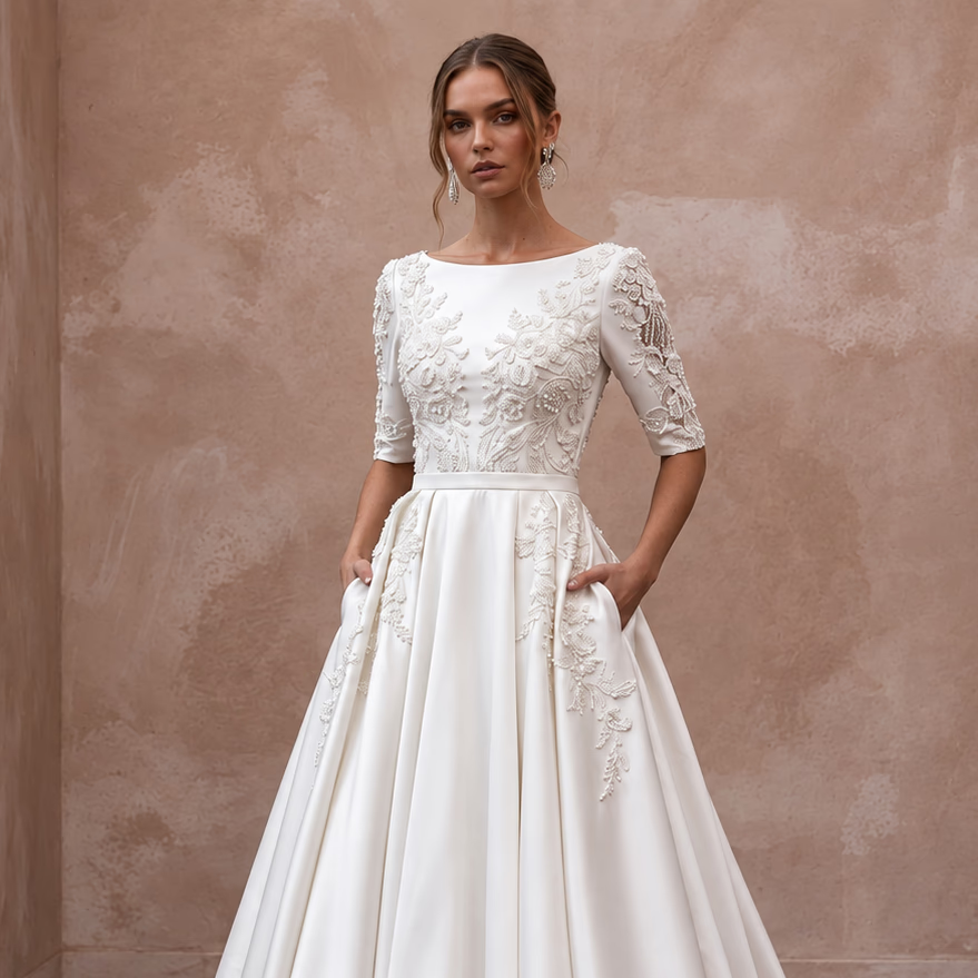 Modest Pearl White Mikado A-Line Bridal Dress with Pockets