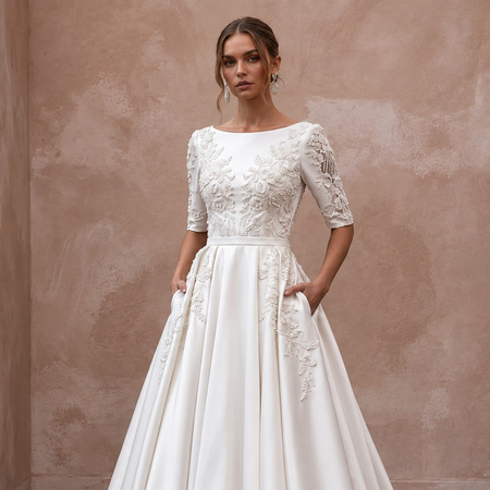 Modest Pearl White Mikado A-Line Bridal Dress with Pockets