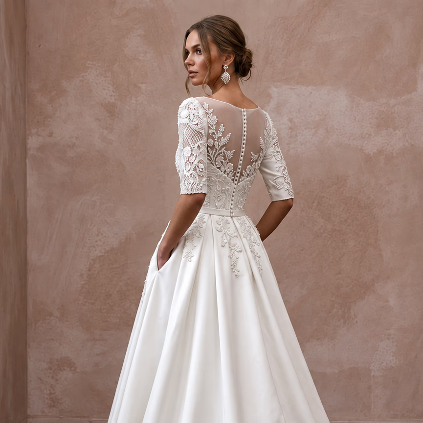 Modest Pearl White Mikado A-Line Bridal Dress with Pockets