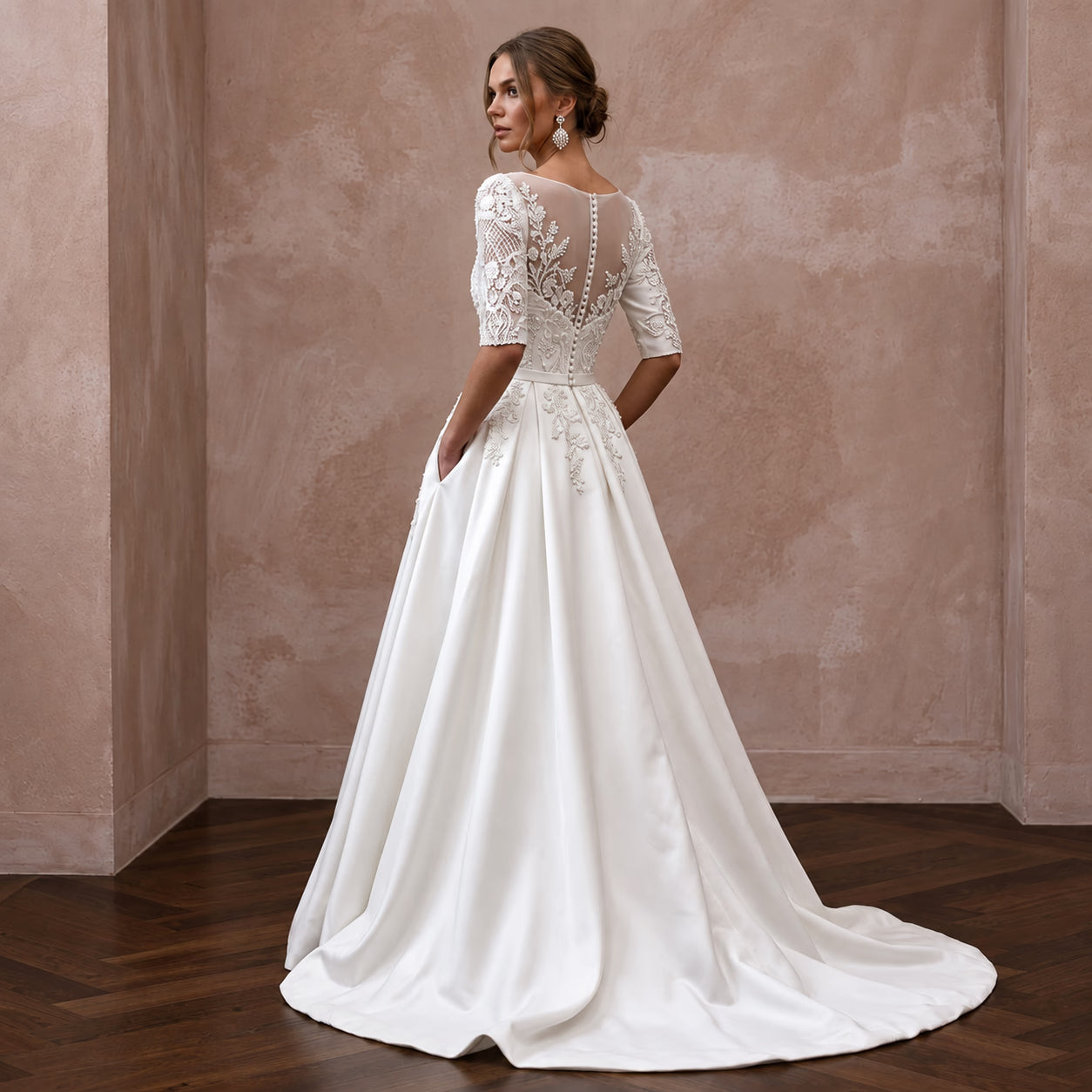 Modest Pearl White Mikado A-Line Bridal Dress with Pockets Secondary image