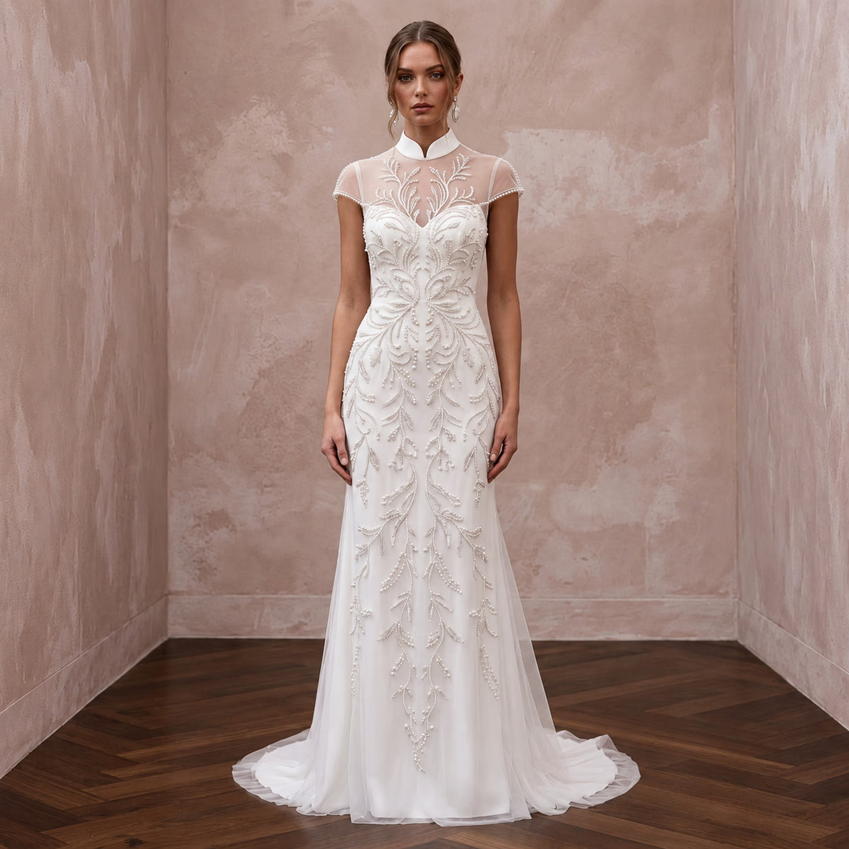 Modest Pearl White Tulle Overlay High Neck Column Bridal Dress - Apparel & Accessories > Clothing > Wedding & Bridal Party Dresses > Wedding Dresses - Mignonette Bridal Main image