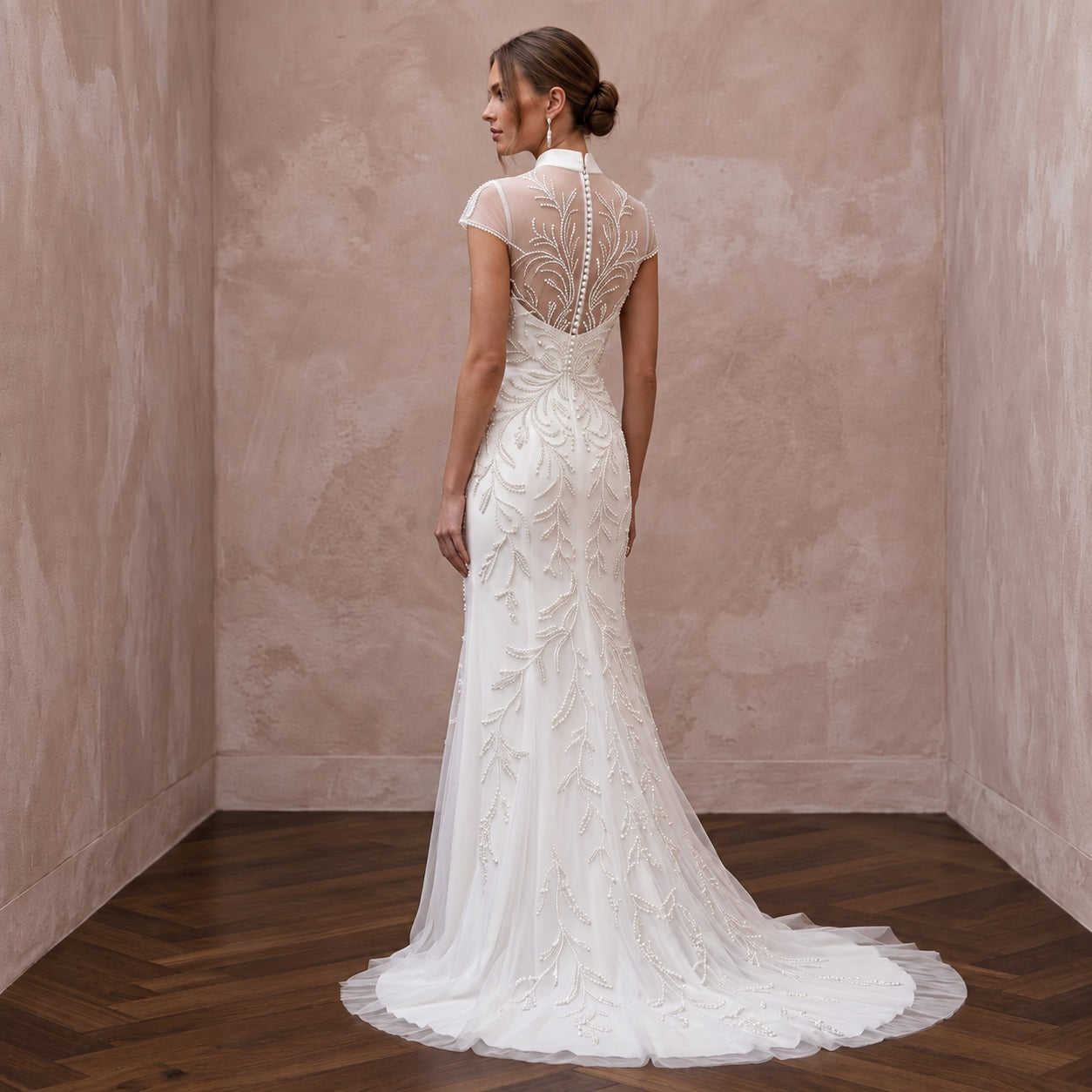 Modest Pearl White Tulle Overlay High Neck Column Bridal Dress Secondary image