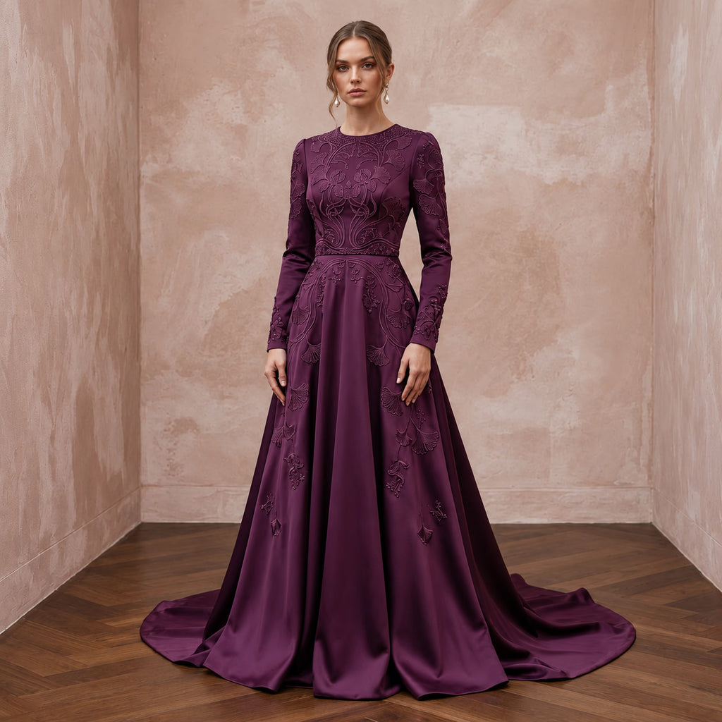 Modest Plum Purple Heavy Matte Satin Long Sleeve A-Line Gown