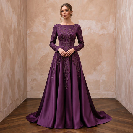 Modest Plum Purple Heavy Matte Satin Long Sleeve A-Line Gown