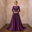 Modest Plum Purple Heavy Matte Satin Long Sleeve A-Line Gown
