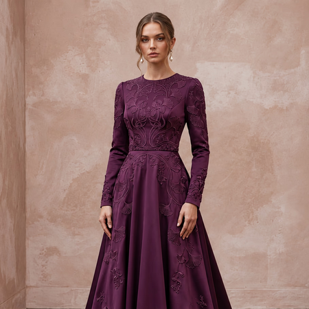 Modest Plum Purple Heavy Matte Satin Long Sleeve A-Line Gown