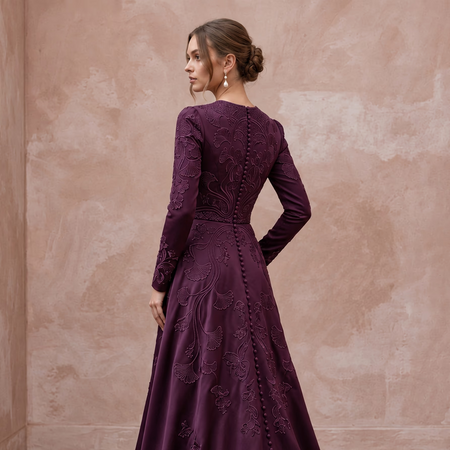 Modest Plum Purple Heavy Matte Satin Long Sleeve A-Line Gown