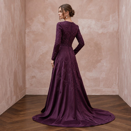 Modest Plum Purple Heavy Matte Satin Long Sleeve A-Line Gown