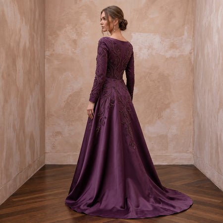 Modest Plum Purple Heavy Matte Satin Long Sleeve A-Line Gown