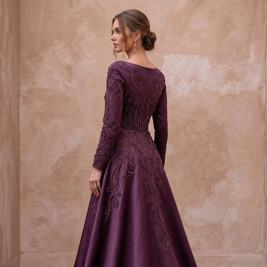 Modest Plum Purple Heavy Matte Satin Long Sleeve A-Line Gown