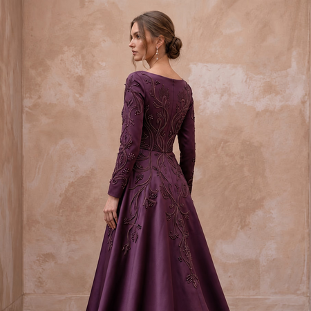 Modest Plum Purple Heavy Matte Satin Long Sleeve A-Line Gown