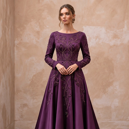 Modest Plum Purple Heavy Matte Satin Long Sleeve A-Line Gown